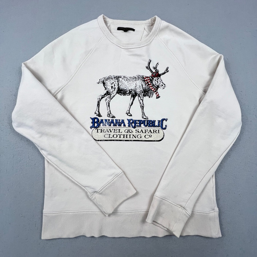Banana Republic Sweatshirt Mens Large Cream Reindeer Safari Graphic Terry HOL19
